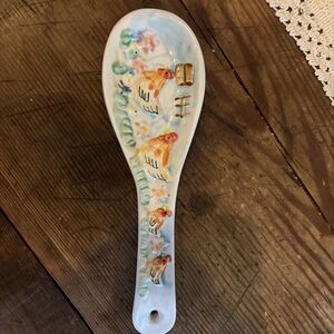 Vintage Primitive Farmhouse Chicken with baby chicks SPOON REST Pottery